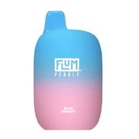 a blue and pink bottle with the word fum pebble on it